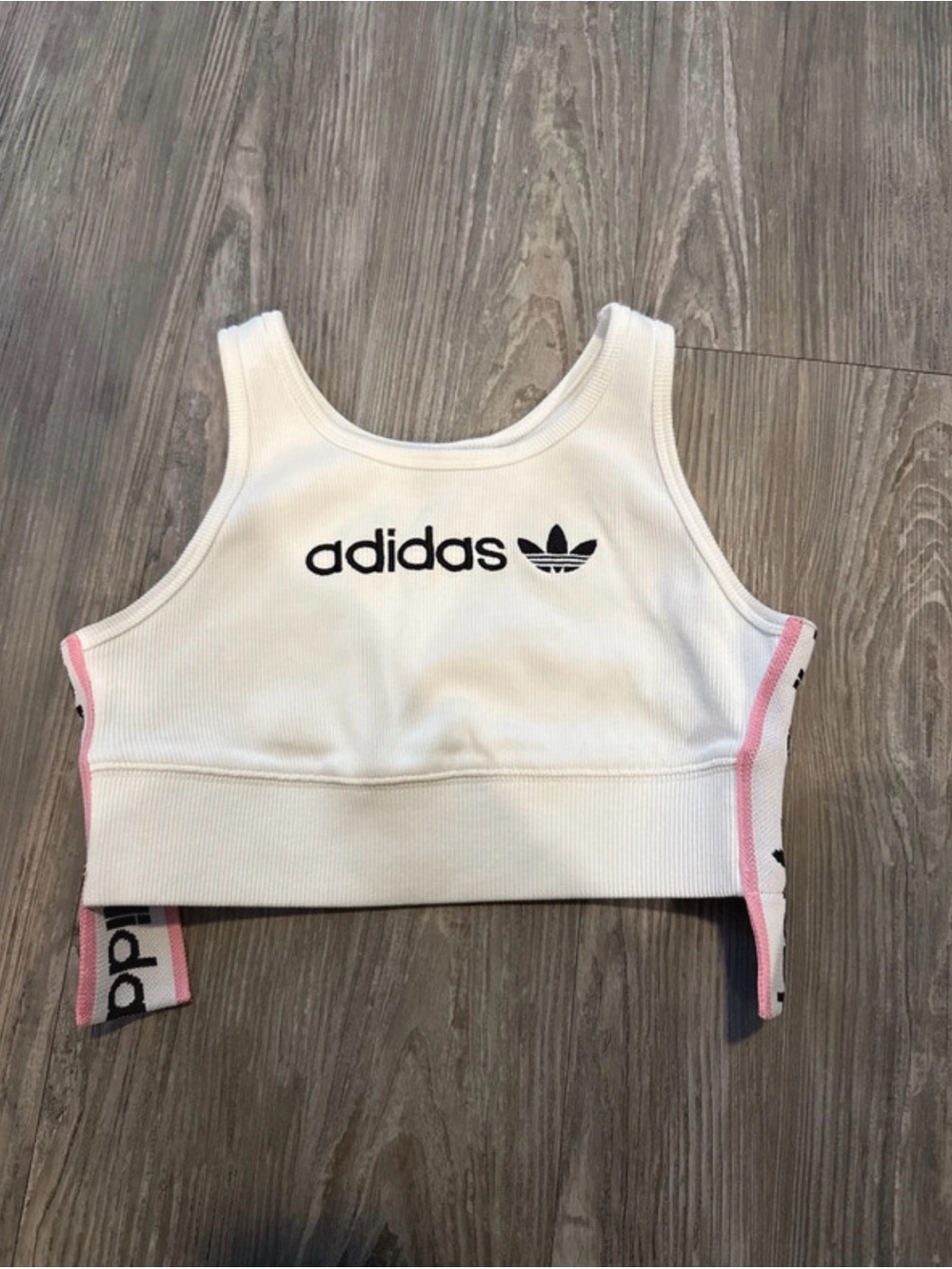 adidas White Crop Tank Top with Pink Trim